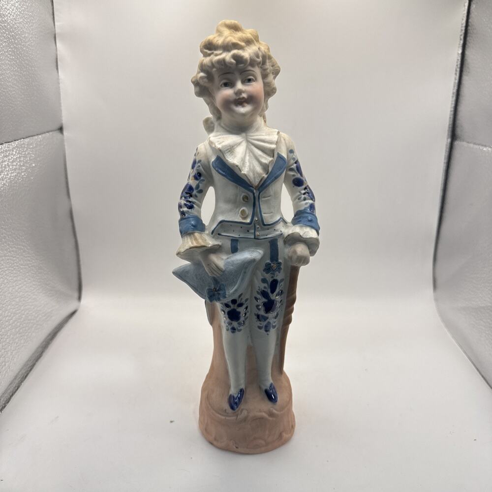 Antique Blue & White French Bisque Porcelain Figurine Of Young Man *